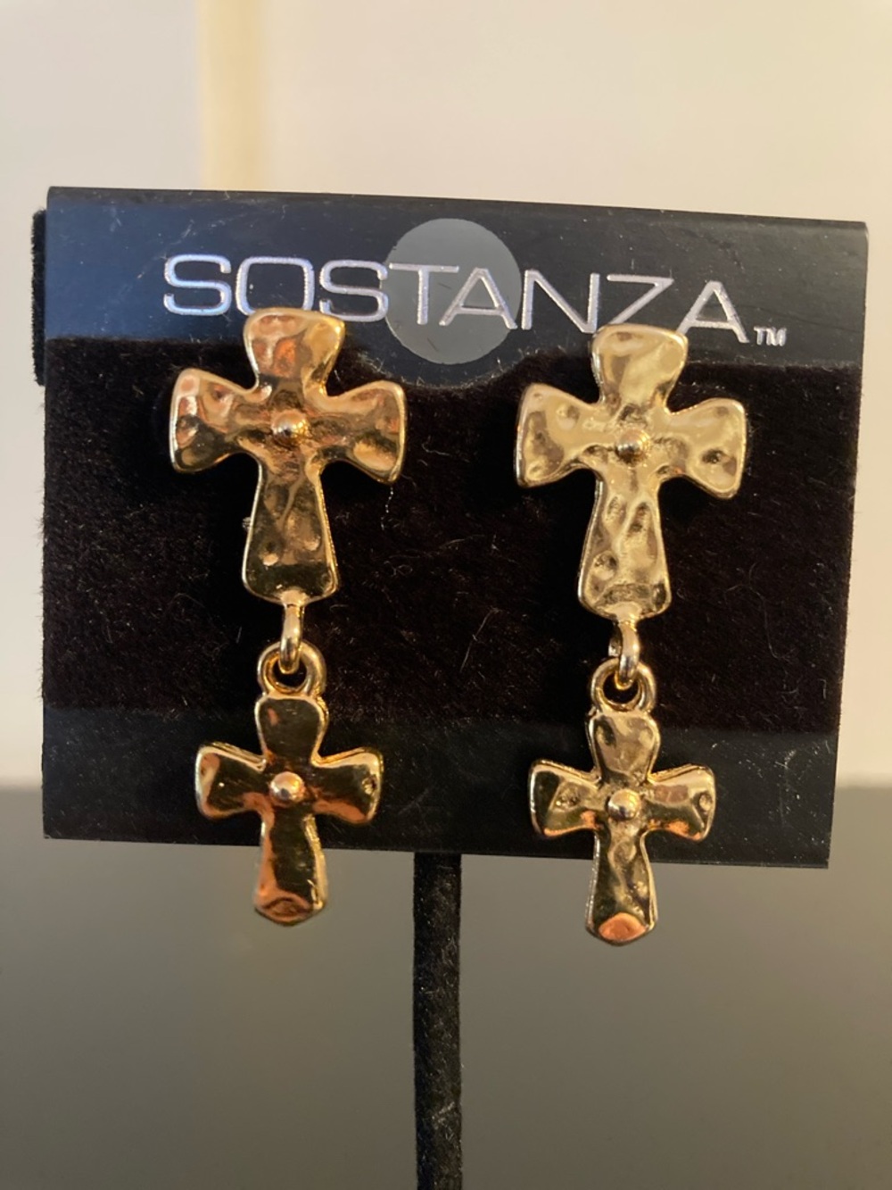 Sostanza Gold Hammered Cross Dangle Earrings - Gold
